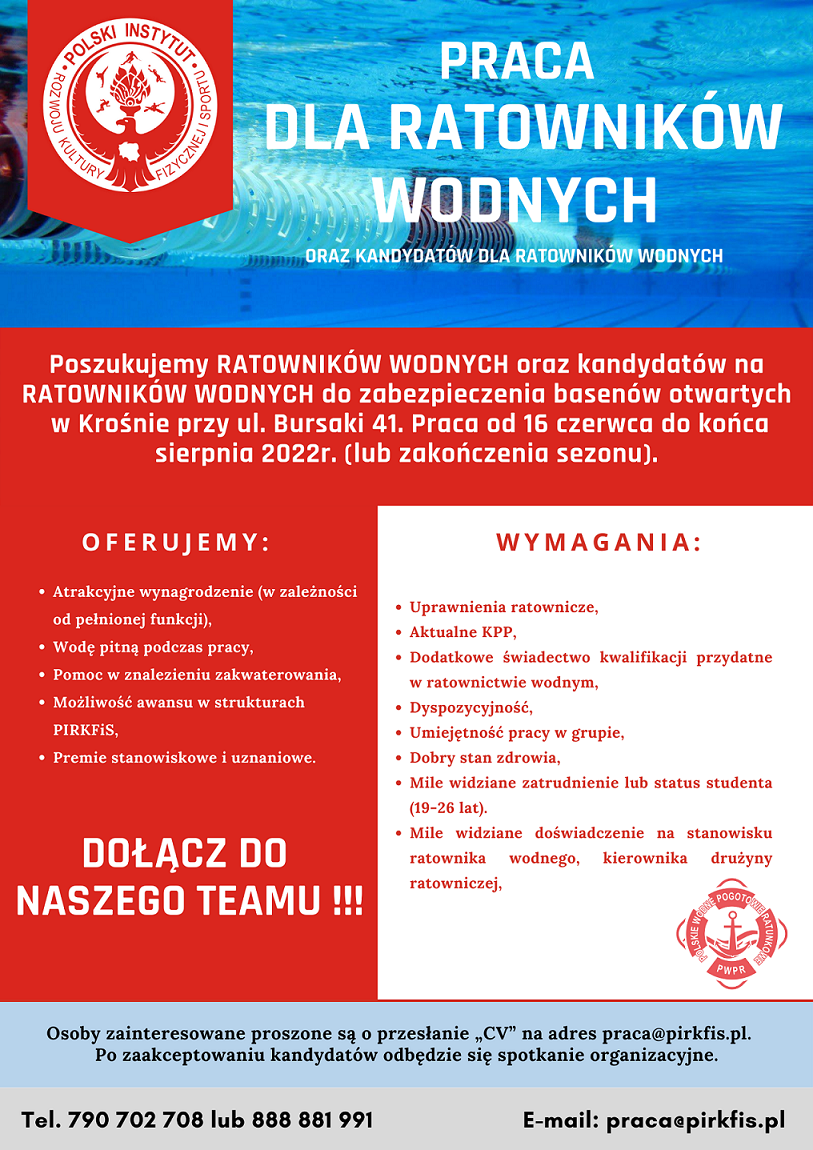 Praca dla Ratowników Wodnych oraz (kandydatów) wakacje 2022x